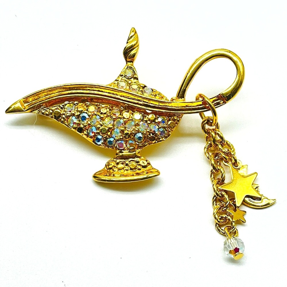Signed Kirks Folly Genie Lamp Brooch Aurora Borealis Rhinestone Dangle Pin Gold